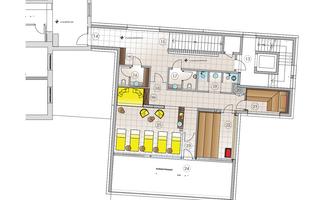 A floor plan of a building with several rooms and an open living area. The rooms are clearly outlined and sketched with furniture.