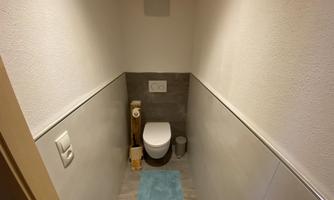 A small, modern bathroom with a white toilet. The floor is tiled in gray, and a blue rug is placed in front of the toilet.