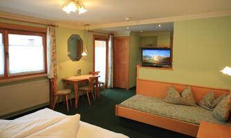 A cozy room with a double bed and a sofa bed. There is a dining area with a table and chairs as well as a television.