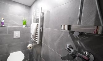A modern bathroom with gray tiles and a white toilet. There is a towel warmer and a small plant on a shelf.