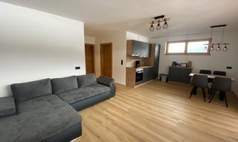 A modern living room with a gray sofa and a wooden floor. The open kitchen is well equipped, and a dining table with chairs is available.
