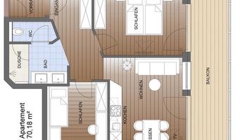 An apartment layout drawing with a clear design. The apartment includes a living area, a kitchen, bedrooms, and a balcony.