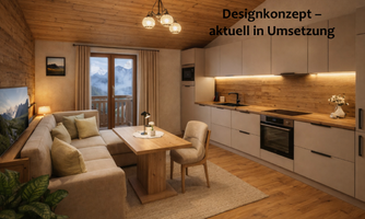 Modern kitchen with a cozy living area. Large windows offer a view of the mountains.