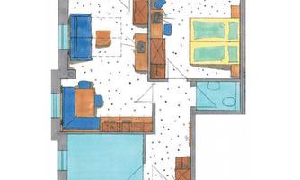 A colored floor plan sketch of an apartment. It shows various rooms such as living room and bedroom as well as kitchen and bathroom.