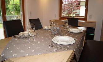 A beautifully set table with plates, glasses, and cutlery. In the background, there are windows and a green garden.