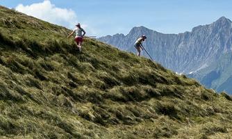 Two people are hiking along a green slope. In the background, tall mountains and a clear sky can be seen.