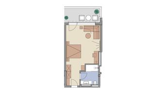 A floor plan drawing of an apartment. The image shows the arrangement of rooms and furniture.