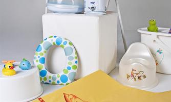 A collection of baby products, including a high chair, water pots, and toys. The items are designed to be colorful and child-friendly.