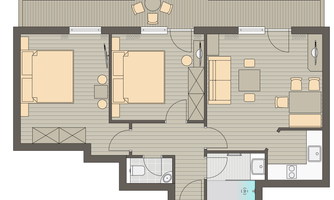 A floor plan drawing of an apartment with two bedrooms, a living room, and a bathroom. The rooms are clearly arranged with a central dining area.