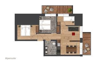 A floor plan drawing of an alpine suite with two bedrooms, a living room, and dining area. The open space is designed to be modern and inviting.