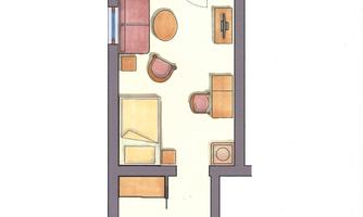 A simple floor plan drawing of a small apartment. It shows a living room, a kitchen, and a bathroom.