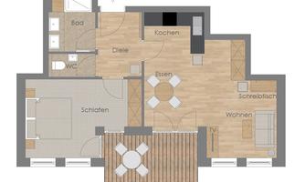 An apartment floor plan with an open living area, bedroom, kitchen, and terrace. The rooms are well-distributed and showcase modern furniture.