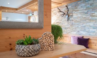A cozy interior with wooden paneling and a decorative wall made of natural stone. On a table, there are plants and a decorative element made of wooden logs.