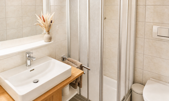 A modern bathroom with a shower and a wooden sink. The walls are tiled, and a small plant adds a fresh touch to the space.
