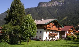 A picturesque alpine house with a green garden. Majestic mountains rise in the background and a clear blue sky is visible.