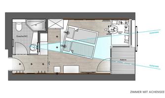 A floor plan drawing of a room with a view of Lake Achen. The room includes two beds, a bathroom, and a small living area.