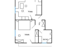 A floor plan of a house with living room, bedroom, and bathroom. The rooms are marked with lines and labels.
