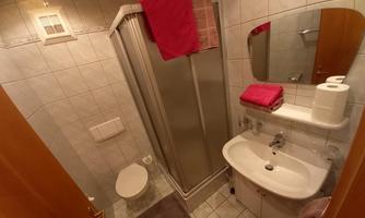 A small bathroom with a shower, sink, and toilet. Red towels and gray bath mats complete the furnishings.