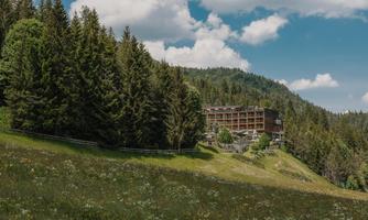 A hotel in nature, surrounded by tall fir trees and gentle hills. The sky is clear with some white clouds.