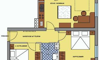 A floor plan representation of an apartment with several rooms. The kitchen and living room are centrally located, with access to balconies.