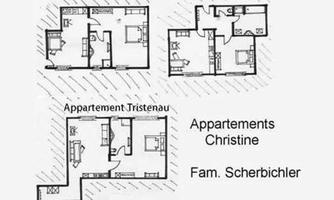 Three floor plans of apartments: Achensee, Karwendel, and Tristenau. The apartments belong to the Scherbichler family.