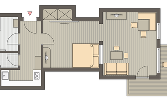 A floor plan representation of an apartment. The rooms are clearly arranged, including a living area, a kitchen, and a bathroom.