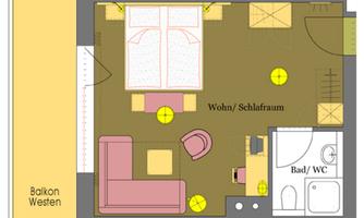 A simple floor plan drawing of a living space with a sleeping area. It shows a bedroom with a bed, a seating area, and a bathroom.