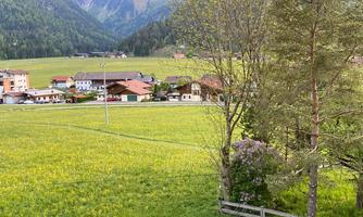 An idyllic landscape with green meadows and small houses. In the background, mountains and trees can be seen.
