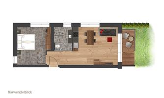 A floor plan drawing of an apartment with one bedroom, a kitchen, and a living room. Outdoors, there is a small garden area with seating.