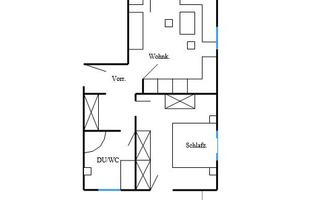 A floor plan of a house featuring a living area, a bedroom, and a bathroom. The rooms are clearly marked and provide an overview of the layout.