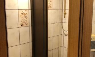 A shower in a bathroom with tiles and wood paneling. The shower area is modern and well-lit.