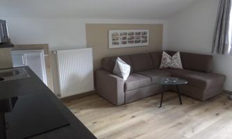 A cozy living space with a gray sofa and a glass table. On the wall, there are pictures and a radiator.