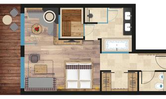 A floor plan of a modern apartment featuring a living room, a bedroom, and a bathroom. The rooms are clearly structured and inviting.