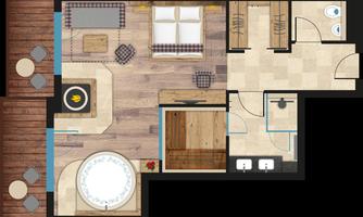 A hotel room layout drawing with a bedroom, a bathroom, and a living area. The furnishings include a bed, a dining table, and a bathtub.