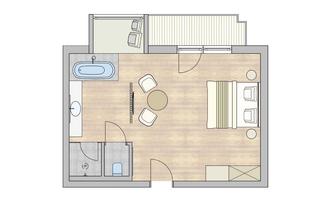 A simple floor plan sketch of a room. The room includes a bed, two chairs, a table, and a bathroom.