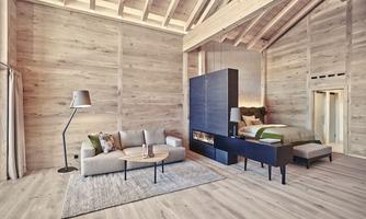 A modern living room with wooden cladding and a bright, inviting atmosphere. The furnishings include a comfortable sofa, an elegant coffee table, and a stylish bedroom in the background.
