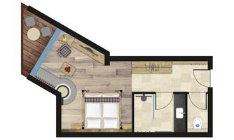 A modern floor plan drawing of a room. The design features a bedroom, a bathroom, and a living area with furniture.