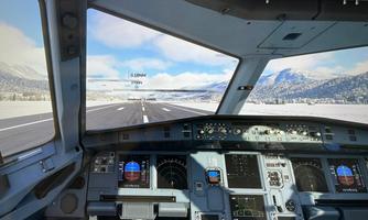 An airplane cockpit with a view of a runway and snow-capped mountains in the background. The sky is blue with some clouds.