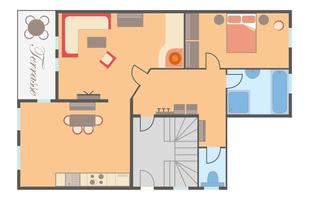 A clear floor plan drawing of a house with various rooms. The rooms are marked in different colors, including living room, kitchen, and bedroom.