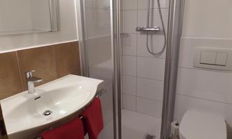 A modern bathroom with a shower and a sink. Red towels are hanging on the side.