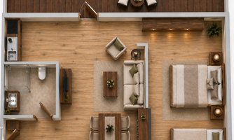 A modern living space layout with a cozy living room and an open kitchen. The room is equipped with wooden floors and relaxing furniture.