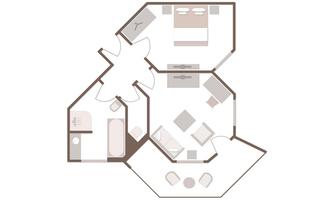 A floor plan of an apartment with several rooms. The layout includes a bedroom, a bathroom, and a living area.