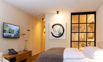 A modern bedroom with a double bed and a television. A piece of artwork hangs on the wall, and large windows provide plenty of light.