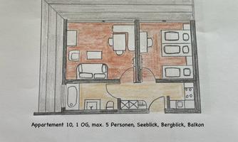 The image shows the floor plan of an apartment on the first floor. It accommodates up to 5 people and has a balcony with sea and mountain views.