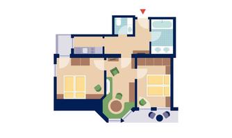A well-designed floor plan of an apartment. The rooms include a bedroom, a bathroom, and a living area.