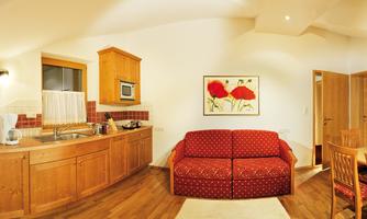 A cozy vacation apartment with a wooden kitchen and a red sofa. A picture of red flowers hangs on the wall.