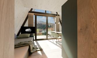 A modern room with large windows and a view of the mountains. It is bright and inviting with minimalist decor.