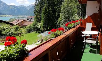 A balcony with colorful geraniums and a beautiful view of mountains and a lake. The sky is clear and the atmosphere is calm and inviting.
