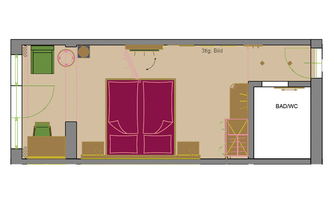 This is a floor plan of an apartment. It shows the layout with one bedroom, a living area, and a bathroom.