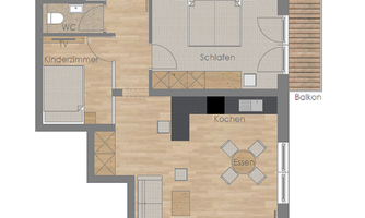 A modern floor plan drawing of an apartment. The rooms are clearly structured, including living room, kitchen, bedroom, and bathroom.
